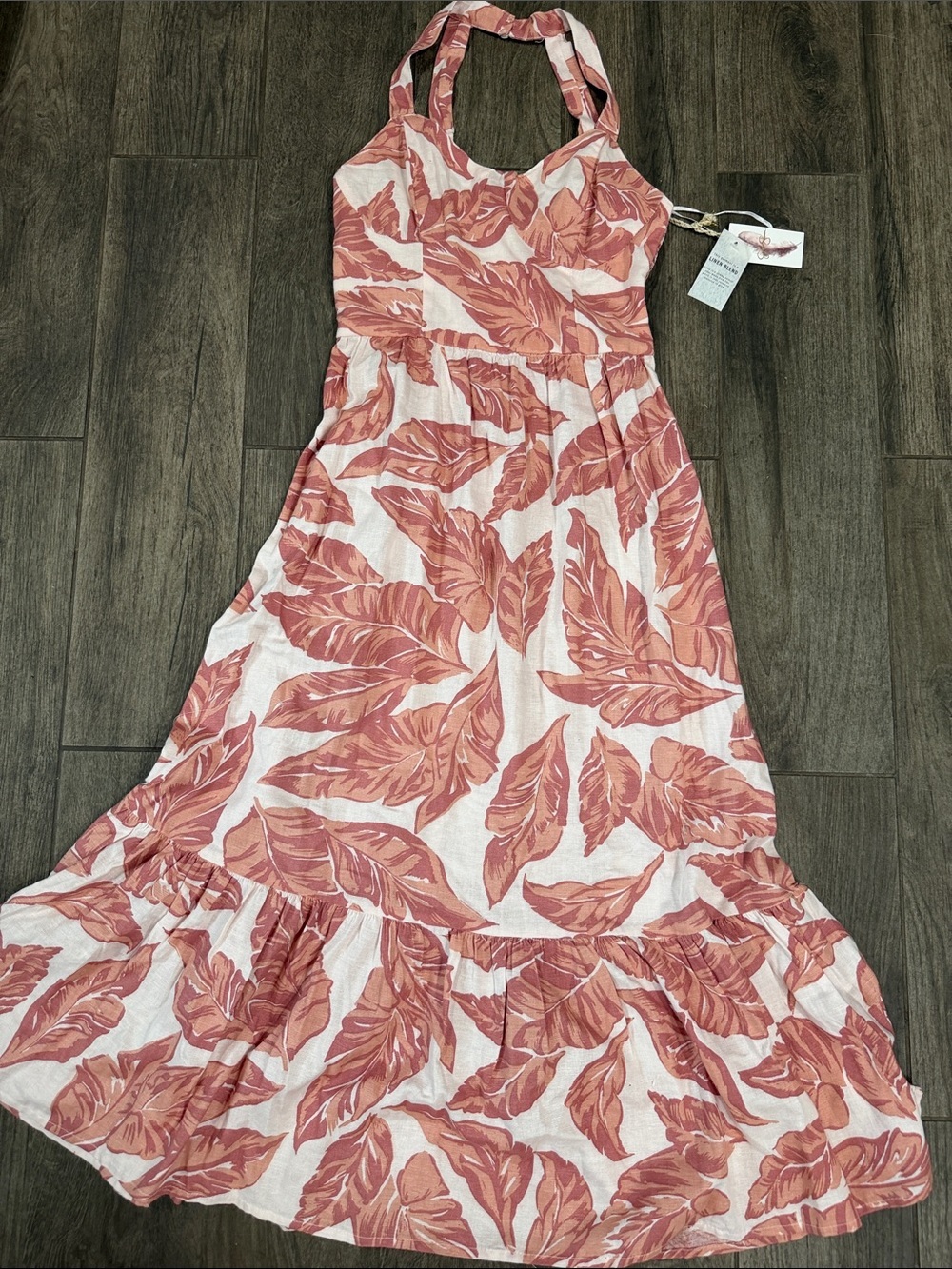 NWT Jessica Simpson Linen Blend Pink Leaf Print Halter Maxi Dress